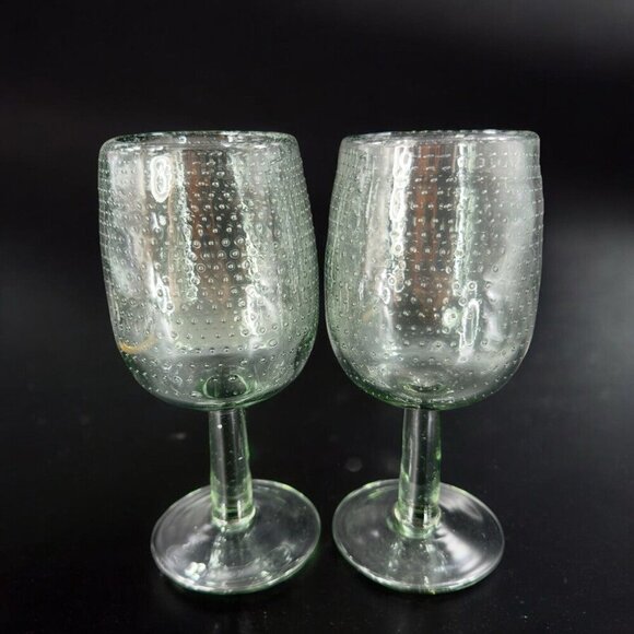 Light Transparent Green Drinking Goblets Glasses Set 2 With Textured Air Bubbles - Picture 1 of 12